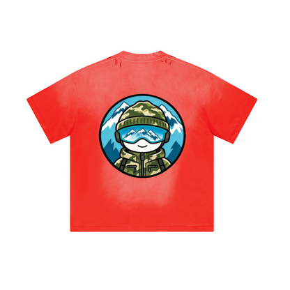 250GSM Men's Distressed Raw-Edge Vintage-Wash Boxy T-Shirt Red